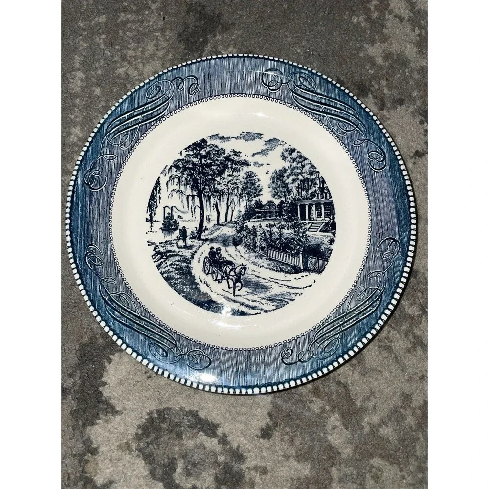 Cottagecore Currier & Ives Blue Transferware Plates Royal China Set 2
